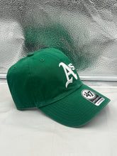 Load image into Gallery viewer, Back view of the Oakland Athletics MLB '47 Brand Throwback Green Clean Up Adjustable Hat featuring an adjustable strap for a customized fit.