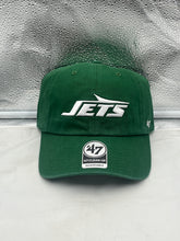 Load image into Gallery viewer, New York Jets NFL '47 Brand Green Clean Up Adjustable Strapback Hat with the iconic Jets logo, perfect for die-hard fans, showcasing team spirit and style.