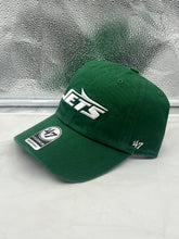 Load image into Gallery viewer, Close-up of the New York Jets NFL '47 Brand Green Clean Up Adjustable Strapback Hat demonstrating its adjustable strapback design for maximum comfort and classic design.