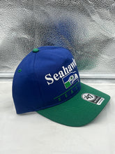 Load image into Gallery viewer, Side view of the Seattle Seahawks NFL '47 Throwback Blue Two Tone Hitch Snapback Adjustable Hat highlighting its adjustable snapback feature.