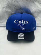 Load image into Gallery viewer, Indianapolis Colts NFL '47 Throwback Blue Two Tone Hitch Snapback Adjustable Hat showcasing its vibrant blue color and classic two-tone design, perfect for fans.