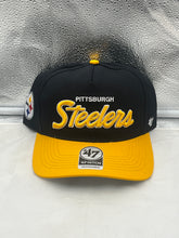 Load image into Gallery viewer, Pittsburgh Steelers NFL '47 Black Two Tone Script Hitch Snapback Adjustable Hat displayed from the front showcasing the bold two-tone design and iconic script logo.