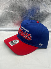Load image into Gallery viewer, Close-up view of the New England Patriots NFL '47 Throwback Blue Script Hitch Snapback Adjustable Hat highlighting the snapback closure and iconic script logo.