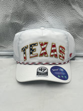 Load image into Gallery viewer, Texas Longhorns NCAA '47 Brand White USA Hitch Rope Adjustable Snapback Hat displayed on a mannequin to showcase the stylish design with a rope detail.