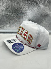 Load image into Gallery viewer, Close-up view of the Texas Longhorns NCAA '47 Brand White USA Hitch Rope Adjustable Snapback Hat highlighting the adjustable snapback closure and curved brim.