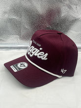 Load image into Gallery viewer, Profile view of Texas A&M Aggies NCAA '47 Brand Maroon Script Hitch Rope Adjustable Snapback Hat featuring adjustable snapback closure and trendy hitch rope detail.