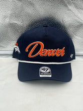 Load image into Gallery viewer, Denver Broncos NFL '47 Navy Overhand Script Rope Hitch Snapback Adjustable Hat showcasing the iconic logo and stylish design, perfect for game days and casual wear.