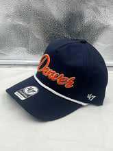 Load image into Gallery viewer, Detail view of the Denver Broncos NFL '47 Navy Overhand Script Rope Hitch Snapback Adjustable Hat featuring a vibrant navy color and unique rope accent for a trendy look.