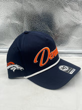 Load image into Gallery viewer, Close-up view of the Denver Broncos NFL '47 Navy Overhand Script Rope Hitch Snapback Adjustable Hat featuring stylish rope accent.
