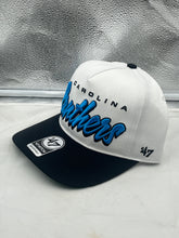 Load image into Gallery viewer, Stylish Carolina Panthers NFL '47 Brand White Two Tone Hitch Snapback Adjustable Hat featuring an adjustable closure, ideal for fans looking to represent their team fashionably.