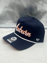 Load image into Gallery viewer, Close-up view of the Auburn Tigers NCAA '47 Brand Blue Script Hitch Rope Adjustable Snapback Hat highlighting the adjustable strap and high-quality material.