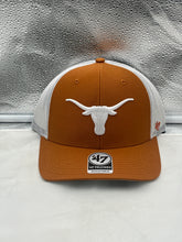 Load image into Gallery viewer, Texas Longhorns NCAA '47 Brand Orange Trucker Adjustable Snapback Mesh Hat displayed showing vibrant orange color, logo, and adjustable snapback feature for a comfortable fit.