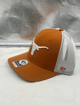 Load image into Gallery viewer, Close-up view of the Texas Longhorns NCAA '47 Brand Orange Trucker Adjustable Snapback Mesh Hat highlighting breathable mesh fabric and quality materials for maximum comfort.