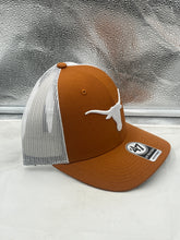 Load image into Gallery viewer, Close-up view of the Texas Longhorns NCAA '47 Brand Orange Trucker Adjustable Snapback Mesh Hat, highlighting the adjustable snapback closure and quality materials.