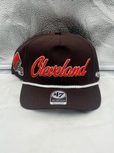 Load image into Gallery viewer, Cleveland Browns NFL '47 Brand Brown Script Hitch Rope Adjustable Snapback Hat showing front view with script logo for team pride.