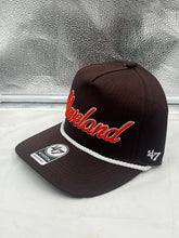 Load image into Gallery viewer, Cleveland Browns NFL '47 Brand Brown Script Hitch Rope Adjustable Snapback Hat displayed at an angle, highlighting adjustable snapback closure and trendy rope detailing.