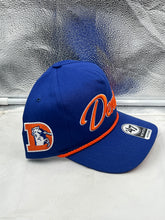 Load image into Gallery viewer, Denver Broncos NFL '47 Brand Throwback Blue Rope Hitch Snapback Adjustable Hat worn by a fan at a game, demonstrating team spirit and loyalty.