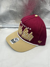 Load image into Gallery viewer, Close-up view of the Florida State Seminoles FSU NCAA '47 Brand Red TT Script Hitch Adjustable Hat highlighting the adjustable buckle closure and detailed fabric texture.