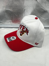 Load image into Gallery viewer, Close-up view of the Indiana Fever WNBA '47 Brand White Two Tone Hitch Adjustable Snapback Hat highlighting the vibrant two-tone color scheme and team logo.