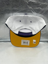 Load image into Gallery viewer, Close-up of the LSU Tigers NCAA '47 Brand White TT Hitch Rope Adjustable Snapback Hat highlighting the iconic LSU logo on sleek white fabric.