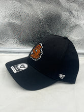 Load image into Gallery viewer, Close-up view of the Oregon State Beavers NCAA &#39;47 Brand Throwback Black MVP Adjustable Hat, highlighting the iconic logo and premium fabric.
