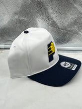Load image into Gallery viewer, Indiana Pacers NBA &#39;47 Brand White Two Tone Hitch Adjustable Snapback Hat close-up of the two-tone design and fabric texture.
