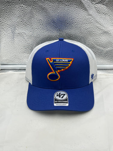 St Louis Blues NHL '47 Brand Throwback Blue Trucker Adjustable Snapback Hat showcasing vibrant blue color, classic trucker design, and iconic team graphics, perfect for fans and collectors.