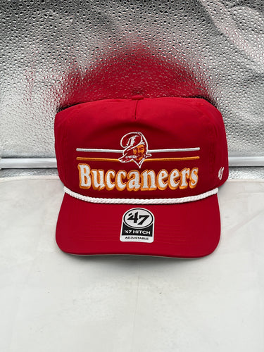 Tampa Bay Buccaneers NFL '47 Throwback Red Hitch Rope Snapback Adjustable Hat showcasing vibrant red color and retro design.