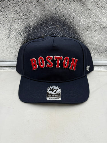 Boston Red Sox MLB '47 Brand Navy Script Hitch Adjustable Snapback Hat featuring a stylish navy color scheme, perfect for fans of the Boston Red Sox hat.