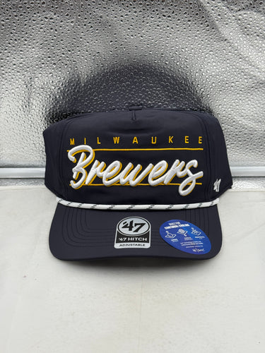 Milwaukee Brewers hat featuring the MLB '47 Brand Navy Script Hitch design with an adjustable snapback closure.