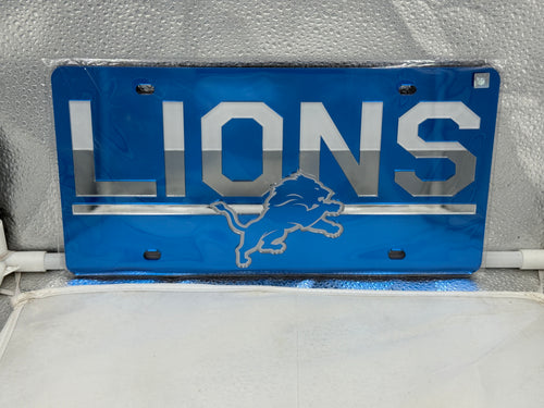 Detroit Lions NFL Blue Acrylic Lasercut License Plate by WinCraft featuring a detailed lasercut logo, durable weather-resistant design, perfect for showing team pride on any vehicle.