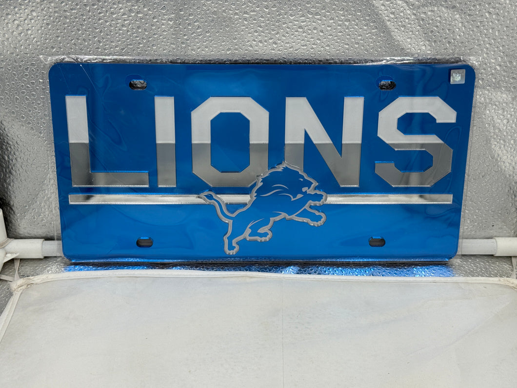 Detroit Lions NFL Blue Acrylic Lasercut License Plate by WinCraft featuring a detailed lasercut logo, durable weather-resistant design, perfect for showing team pride on any vehicle.