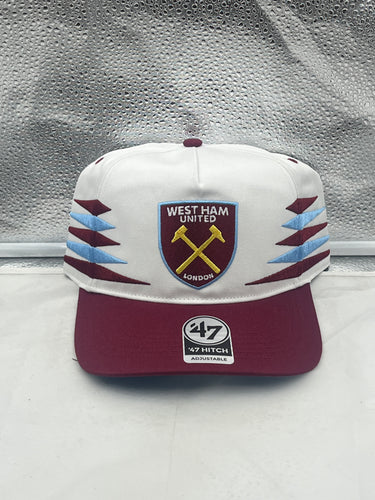 West Ham United EPL '47 Brand White TT Diamond Hitch Adjustable Snapback Hat displayed on a white background, showcasing the iconic team logo and modern diamond hitch pattern.