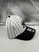 Load image into Gallery viewer, Back of the New York Yankees MLB &#39;47 Brand White Pinstripe Two Tone MVP Adjustable Hat highlighting the adjustable strap for a comfortable fit, designed for true New York Yankees hat fans.
