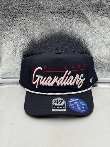 Cleveland Guardians MLB '47 Brand Navy Script Hitch Rope Adjustable Snapback Hat displayed from the front, showcasing the stylish script design and adjustable feature for a perfect fit. Ideal Cleveland Guardians hat for fans.