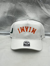 Load image into Gallery viewer, Miami Hurricanes NCAA &#39;47 White Reversed Hitch Script Adjustable Snapback Hat showcasing the logo and unique design suitable for game days.
