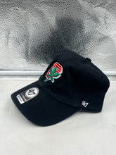 Load image into Gallery viewer, Ohio State Buckeyes NCAA &#39;47 Brand Throwback Black Clean Up Adjustable Hat side view highlighting the adjustable strap for a perfect fit.
