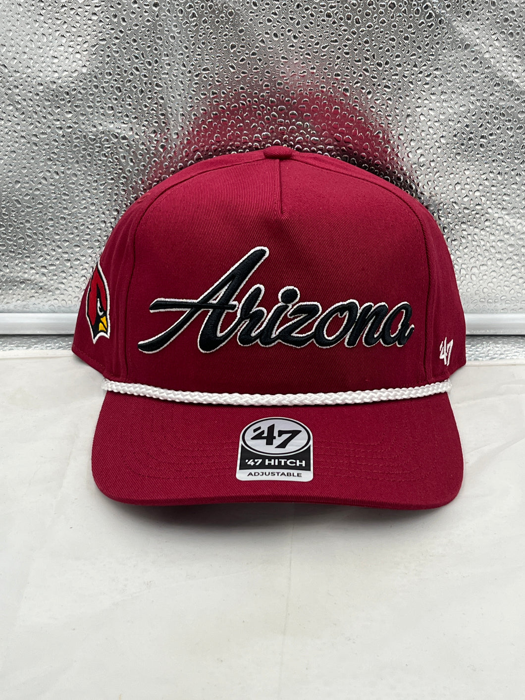 Arizona Cardinals NFL '47 Brand Red Script Hitch Rope Snapback Adjustable Hat showing the iconic team logo and hitch rope detail.