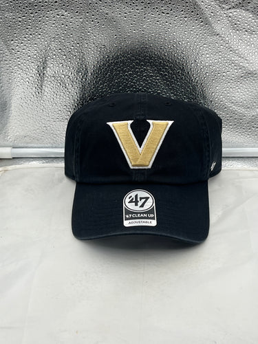 Vanderbilt Commodores NCAA '47 Brand Black Clean Up Adjustable Strapback Hat showcasing the iconic Vanderbilt logo, perfect for fans looking for a stylish and comfortable accessory.
