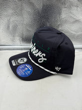 Load image into Gallery viewer, Close-up view of Seattle Mariners MLB &#39;47 Brand Navy Script Hitch Rope Adjustable Snapback Hat showing quality fabric and stylish script logo, ideal for Seattle Mariners hat collectors.
