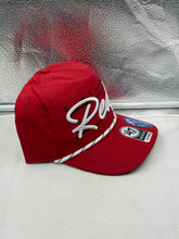 Load image into Gallery viewer, Back view of Cincinnati Reds MLB &#39;47 Brand Red Script Hitch Rope Adjustable Snapback Hat demonstrating the adjustable strap feature, a functional Cincinnati Reds hat for all fans.
