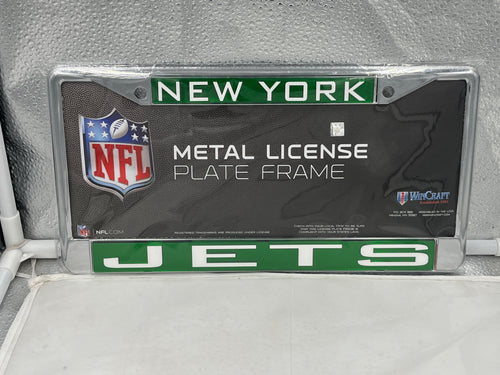 New York Jets NFL Laser Cut License Plate Frame RICO, featuring high-quality metal construction and durable design, showcasing the iconic New York Jets logo and lettering, perfect for fans to display their team spirit on their vehicle.