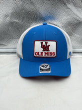 Load image into Gallery viewer, Ole Miss Rebels NCAA &#39;47 Brand Blue Trucker Mesh Adjustable Snapback Hat showcasing vibrant blue color and team emblem.
