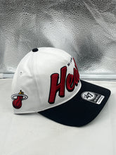 Load image into Gallery viewer, Miami Heat NBA &#39;47 Brand White Two Tone Script Hitch Adjustable Snapback Hat worn casually demonstrating its comfortable fit and versatility.
