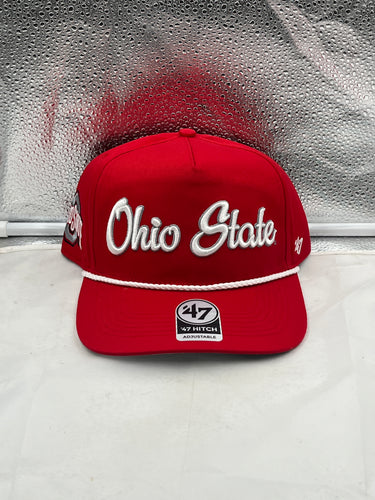 Ohio State Buckeyes NCAA '47 Brand Red Hitch Script Rope Adjustable Snapback Hat showcasing team spirit and stylish design, ideal for game day.