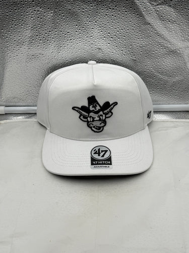 Texas Longhorns NCAA '47 Brand Throwback White Hitch Adjustable Snapback Hat showcasing the iconic team logo.