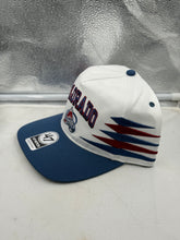 Load image into Gallery viewer, Close-up view of the embroidered Colorado Avalanche logo on the front of the '47 Brand White Diamond Hitch Adjustable Snapback Hat.
