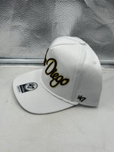 Load image into Gallery viewer, Detailed view of the San Diego Padres MLB &#39;47 Brand White Script Rope Hitch Adjustable Snapback Hat showcasing the script logo, ideal for any San Diego Padres hat enthusiast.

