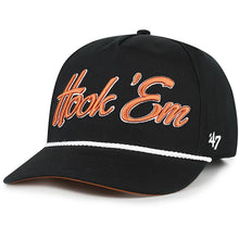 Load image into Gallery viewer, Texas Longhorns NCAA '47 Brand Script Black Rope Hitch Adjustable Snapback Hat - a stylish Texas Longhorns hat featuring a rope detail and adjustable fit.
