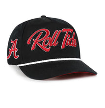 Load image into Gallery viewer, Alabama Crimson Tide NCAA '47 Black Script Hitch Rope Snapback Adjustable Hat featuring an iconic design, perfect for fans and collectors of Alabama Crimson Tide hats.
